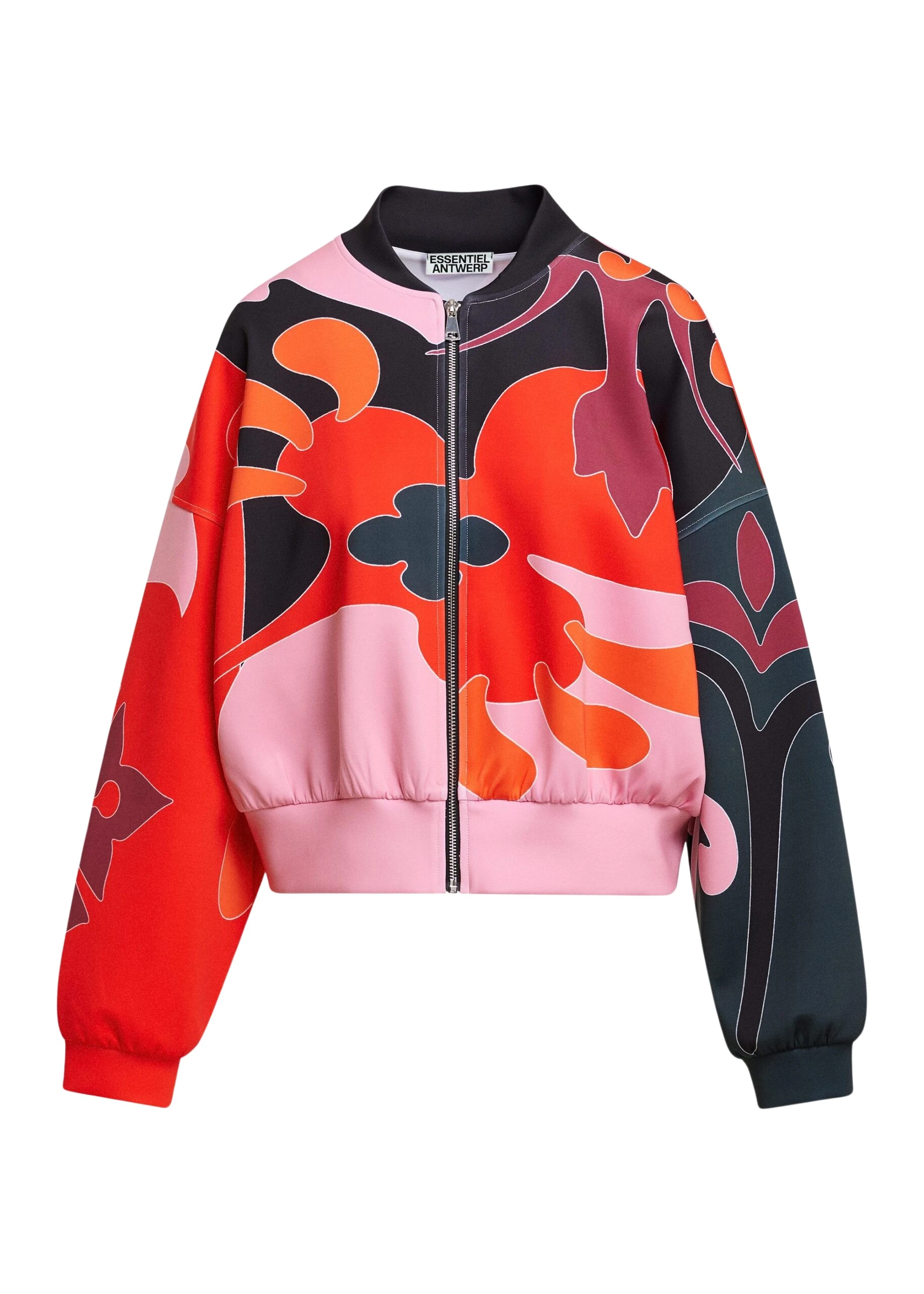 Essentiel-Antwerp-Red-pink-and-dark-grey-abstract-floral-print-cropped-bomber-jacket-scaled80737_nobg Essentiel Antwerp Red, pink and dark grey abstract floral-print cropped bomber jacket
