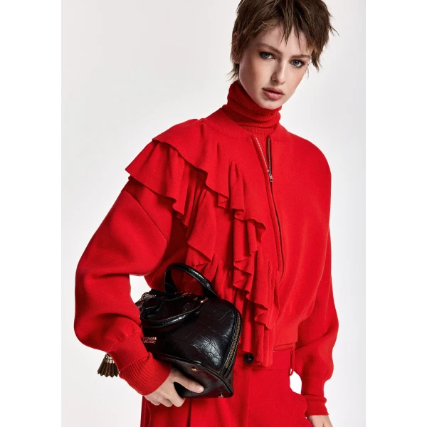 Essentiel Antwerp Red ruffle-detailed zip-up cardigan, view 2