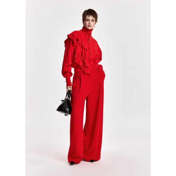 Essentiel Antwerp Red ruffle-detailed zip-up cardigan, view 3
