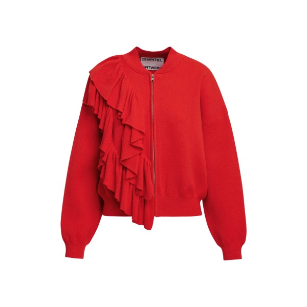 Essentiel Antwerp Red ruffle-detailed zip-up cardigan