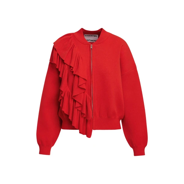 Essentiel Antwerp Red ruffle-detailed zip-up cardigan