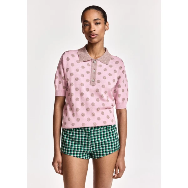 Essentiel Antwerp Vintage pink and mauve polka-dot jacquard knit polo, view 2
