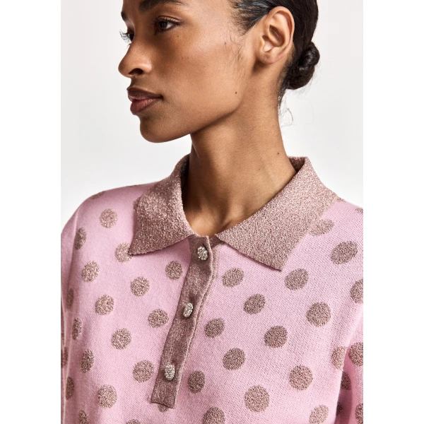 Essentiel Antwerp Vintage pink and mauve polka-dot jacquard knit polo, view 3