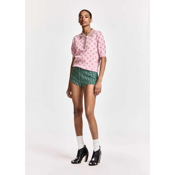 Essentiel Antwerp Vintage pink and mauve polka-dot jacquard knit polo, view 4