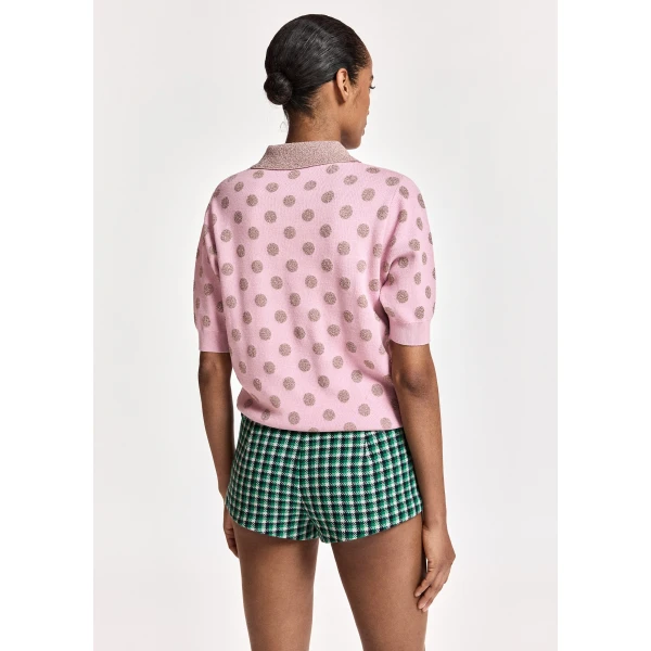 Essentiel Antwerp Vintage pink and mauve polka-dot jacquard knit polo, view 5