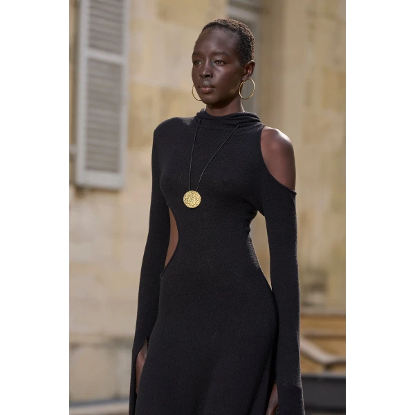 Gabriela Hearst Daya Cutout Knit Hoodie Maxi Dress in Black Mulberry Silk, view 2