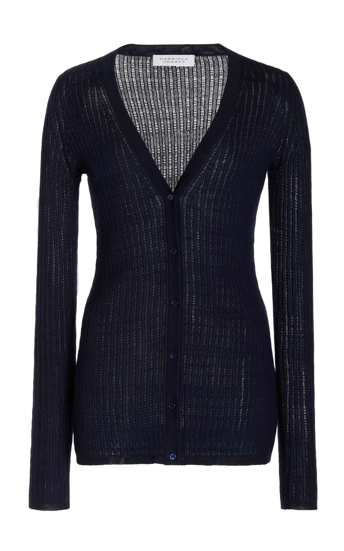Gabriela Hearst Emma Pointelle Knit Cardigan in Dark Navy Cashmere Silk Gabriela Hearst Emma Pointelle Knit Cardigan in Dark Navy Cashmere Silk