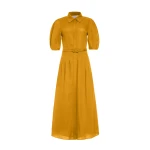 Gabriela Hearst Maude Pleated Midi Shirtdress in Golden Birch Aloe Linen Dress