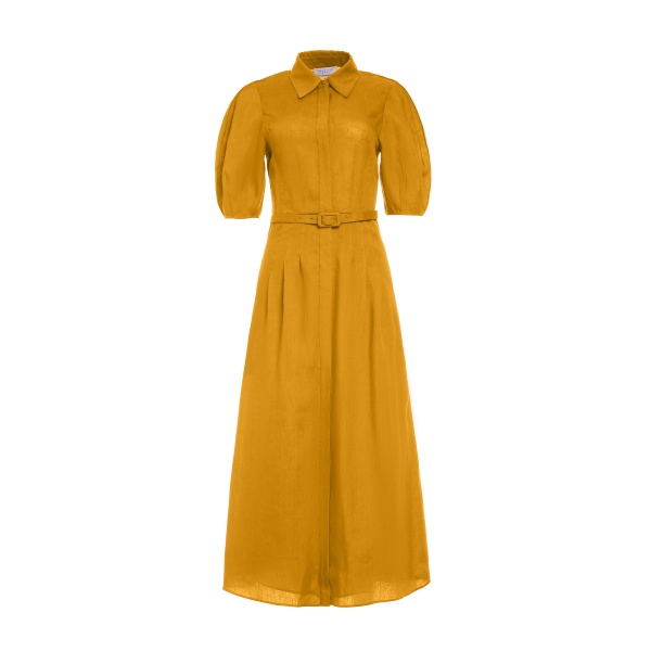 Gabriela Hearst Maude Pleated Midi Shirtdress in Golden Birch Aloe Linen Dress