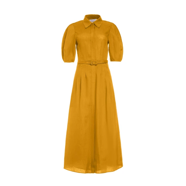 Gabriela Hearst Maude Pleated Midi Shirtdress in Golden Birch Aloe Linen Dress