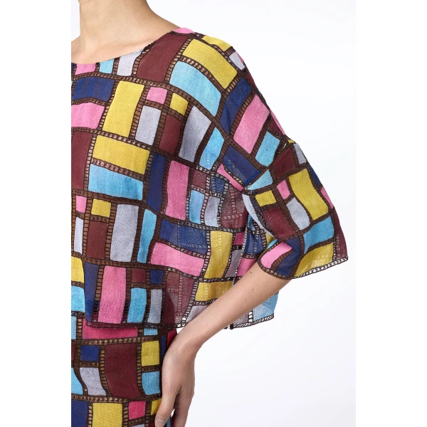 Gabriela Hearst Tatia Patchwork Embroidered Cropped Top in Aurora Multi Linen, view 4