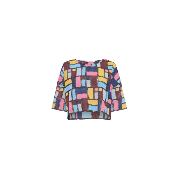 Tatia Patchwork Embroidered Cropped Top in Aurora Multi Linen
