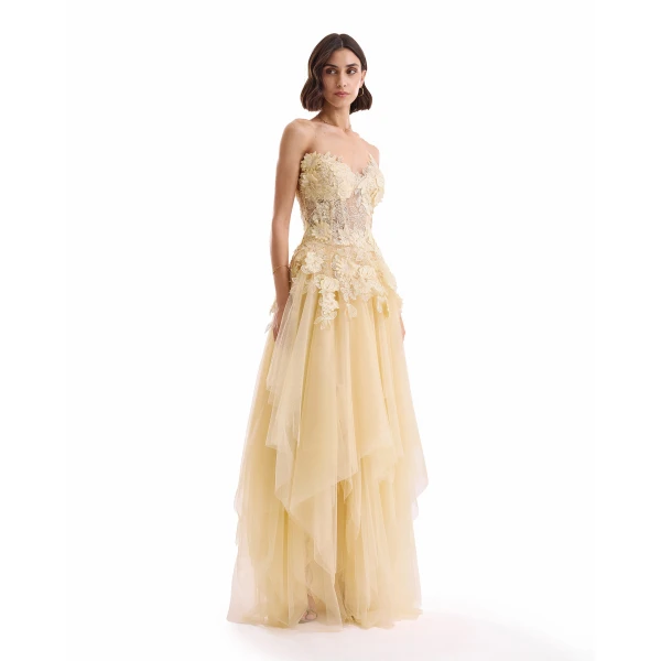 Gemy Maalouf 3D Floral Tulle Corset Set, view 3