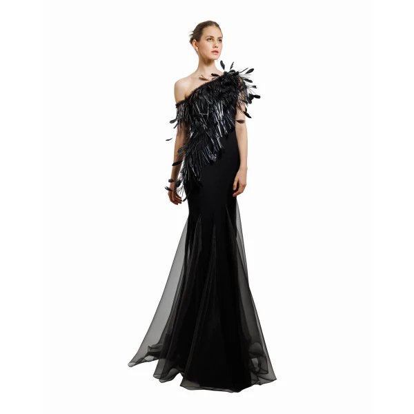 Gemy Maalouf Asymmetrical Feather Neckline Dress, view 2