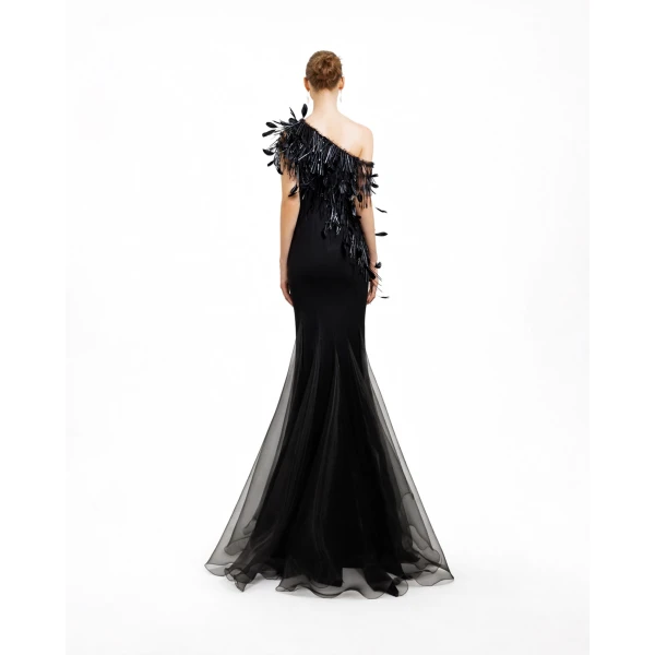 Gemy Maalouf Asymmetrical Feather Neckline Dress, view 3