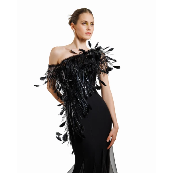 Gemy Maalouf Asymmetrical Feather Neckline Dress, view 4