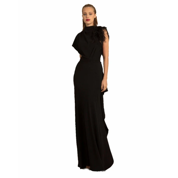 Gemy Maalouf Asymmetrical Feathered Crepe Dress, view 2