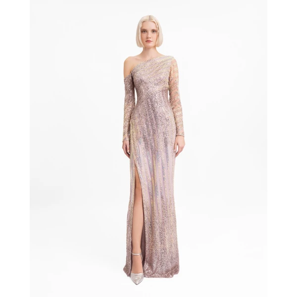 Gemy Maalouf Asymmetrical Neckline Beaded Dress, view 2