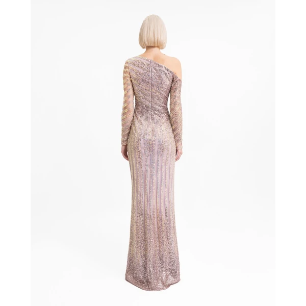 Gemy Maalouf Asymmetrical Neckline Beaded Dress, view 3