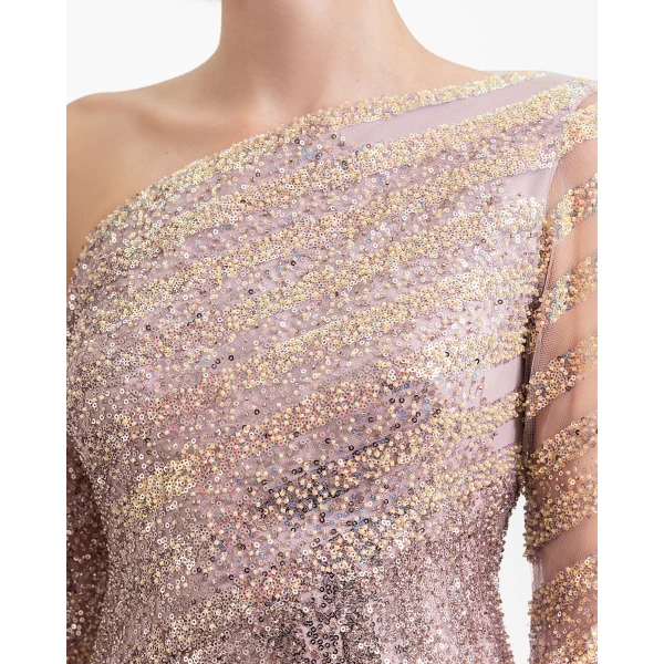 Gemy Maalouf Asymmetrical Neckline Beaded Dress, view 4