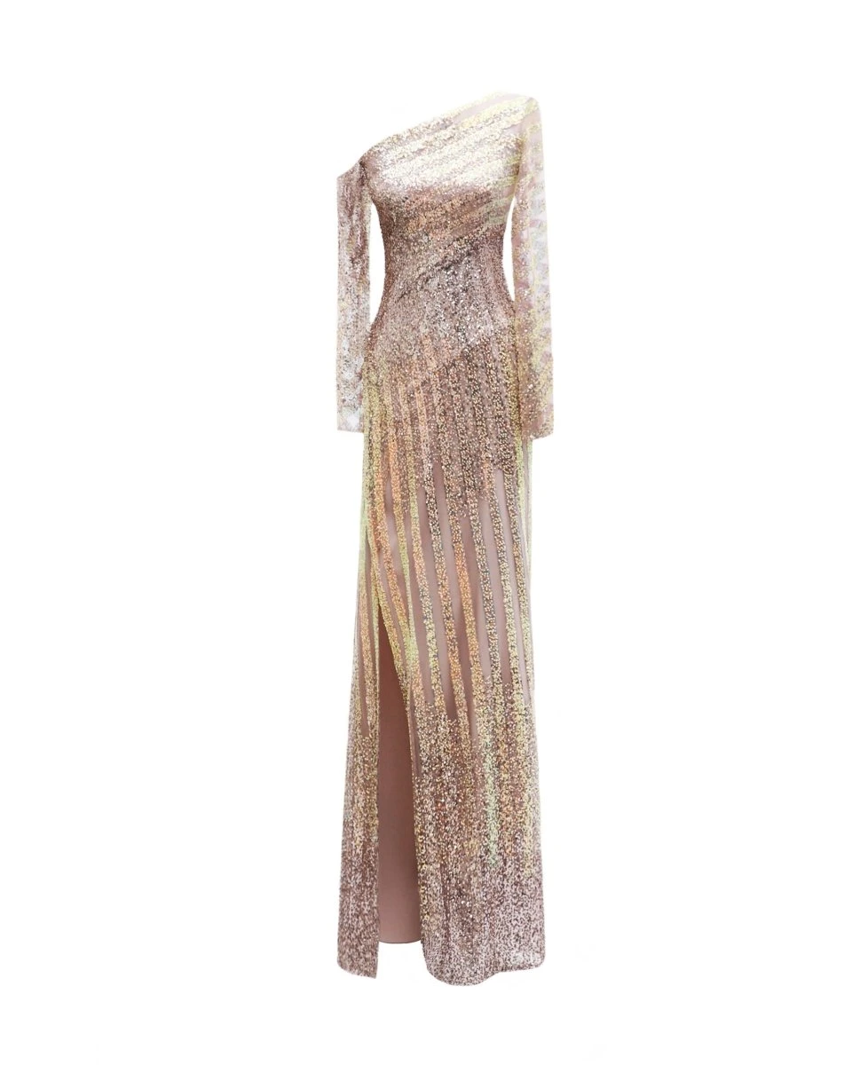 Gemy Maalouf Asymmetrical Neckline Beaded Dress Gemy Maalouf Asymmetrical Neckline Beaded Dress