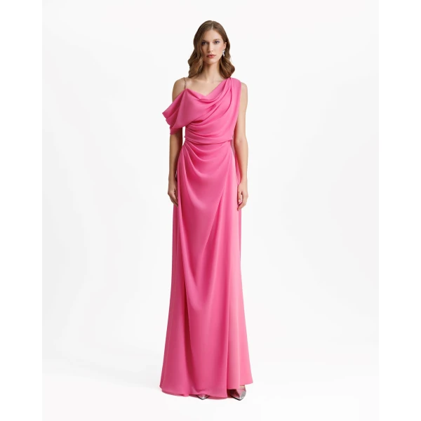 Gemy Maalouf Asymmetrical Neckline Candy Pink Dress, view 2