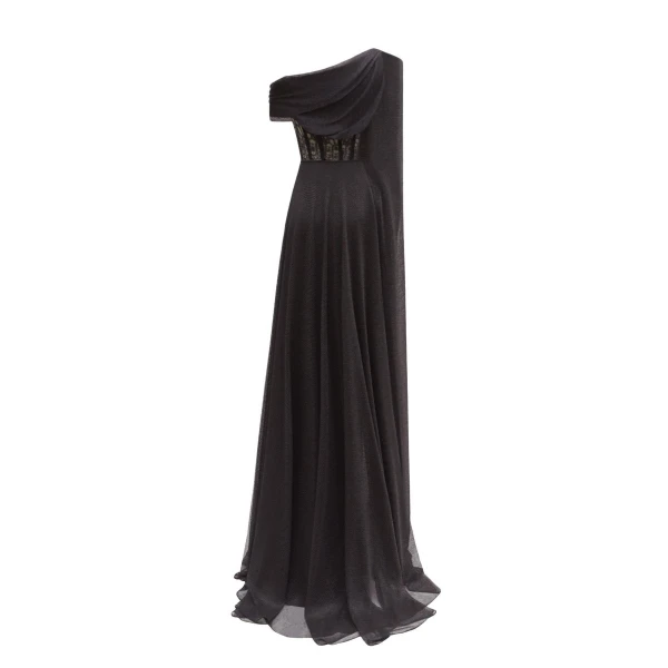Gemy Maalouf Asymmetrical Neckline Draped Dress, view 5