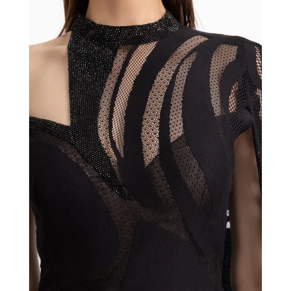 Gemy Maalouf Asymmetrical Neckline Dress with Beaded Corset, view 4