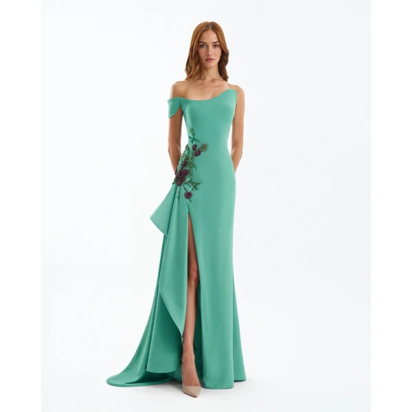 Gemy Maalouf Asymmetrical Off-Shoulder Embroidered Dress, view 2