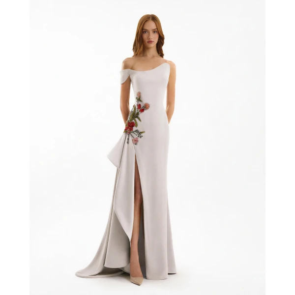 Gemy Maalouf Asymmetrical Off-Shoulder Embroidered Dress, view 2