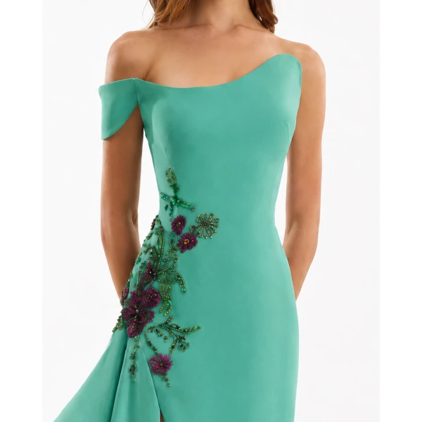 Gemy Maalouf Asymmetrical Off-Shoulder Embroidered Dress, view 4