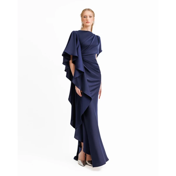 Gemy Maalouf Asymmetrical Ruffled Draped Navy Dress, view 2