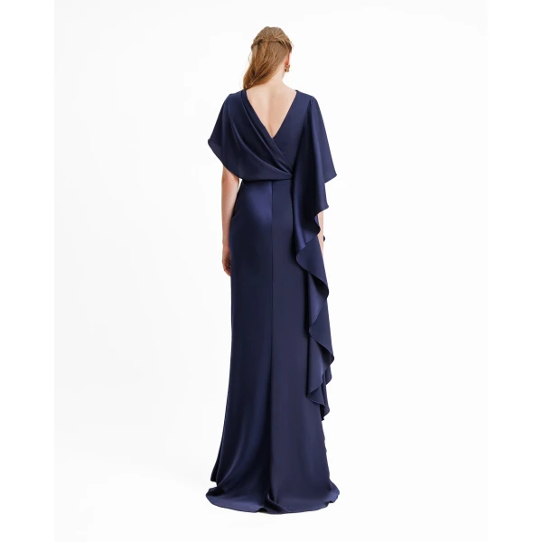 Gemy Maalouf Asymmetrical Ruffled Draped Navy Dress, view 3