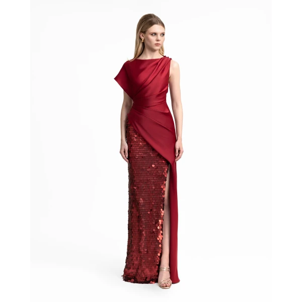 Gemy Maalouf Asymmetrical Satin Dress with Slit and Sequins, view 2