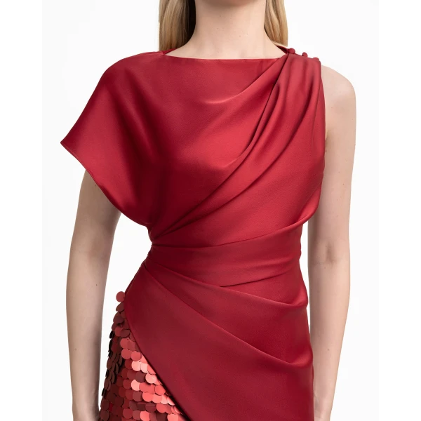 Gemy Maalouf Asymmetrical Satin Dress with Slit and Sequins, view 4