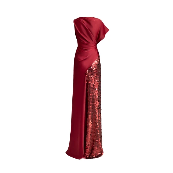 Gemy Maalouf Asymmetrical Satin Dress with Slit and Sequins, view 5
