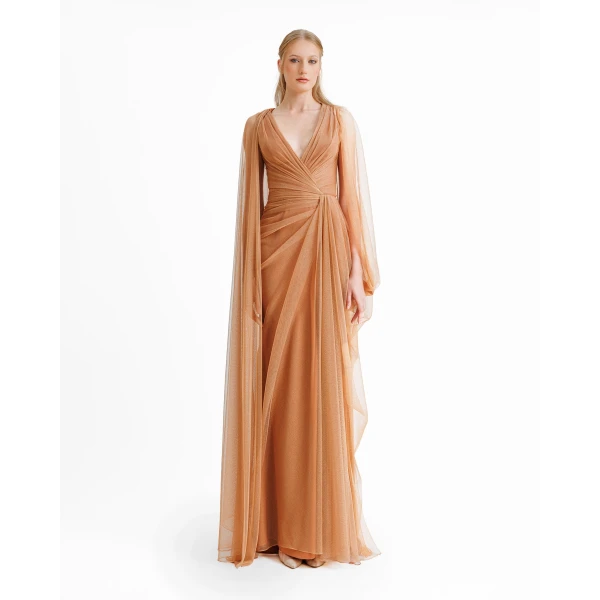 Gemy Maalouf Asymmetrical Sleeves Draped Dress, view 2