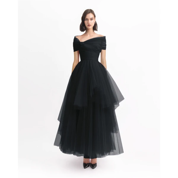 Gemy Maalouf Asymmetrical Tulle Black Dress, view 2