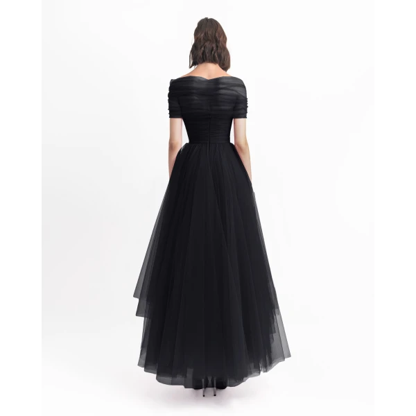 Gemy Maalouf Asymmetrical Tulle Black Dress, view 3