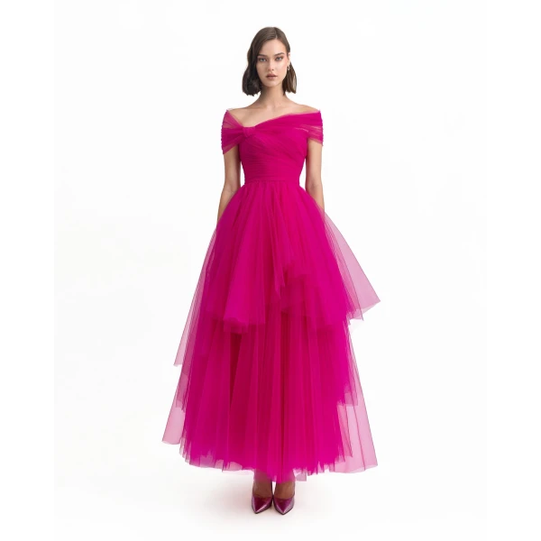 Gemy Maalouf Asymmetrical Tulle Fuchsia Dress, view 2