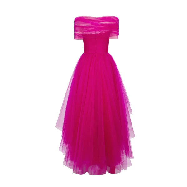 Gemy Maalouf Asymmetrical Tulle Fuchsia Dress, view 5