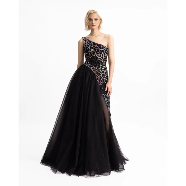 Gemy Maalouf Beaded Dress with Asymmetrical Skirt, view 2
