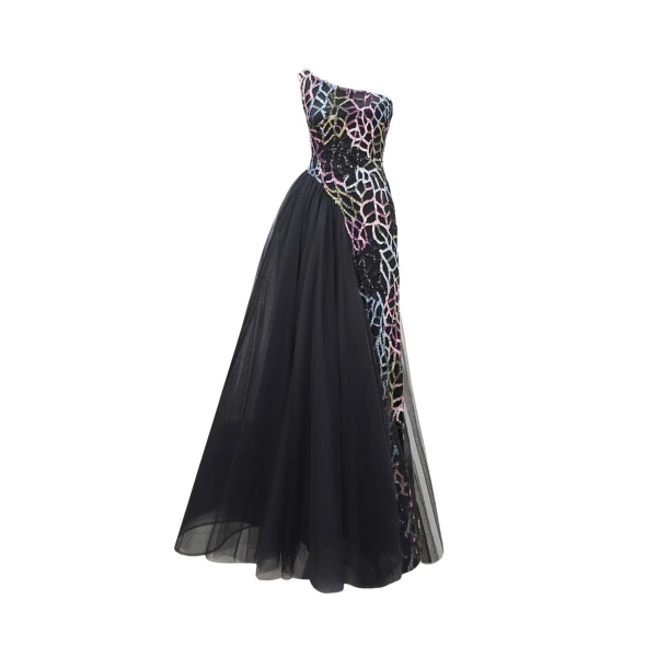 Gemy Maalouf Beaded Dress with Asymmetrical Skirt, view 5