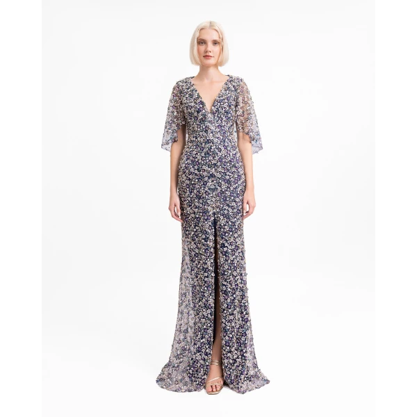 Gemy Maalouf Beaded Dress with Cape Sleeves, view 2