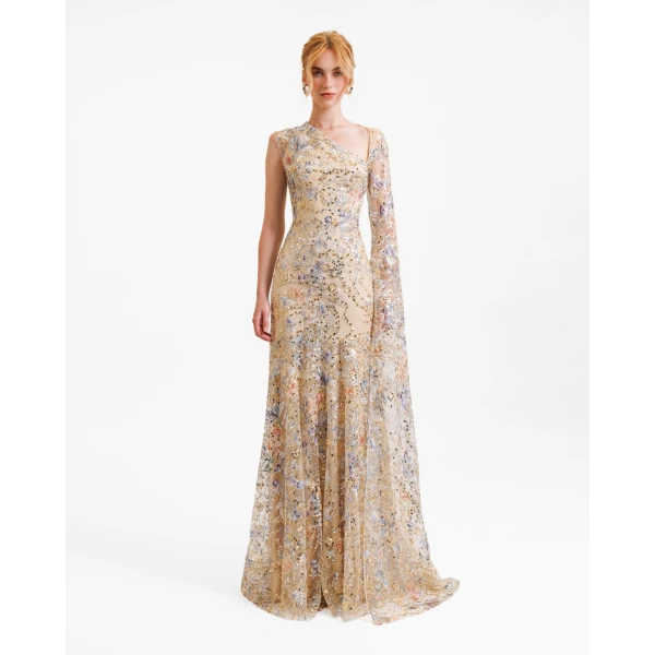Gemy Maalouf Beaded Dress with Floor Length Sleeve, view 2