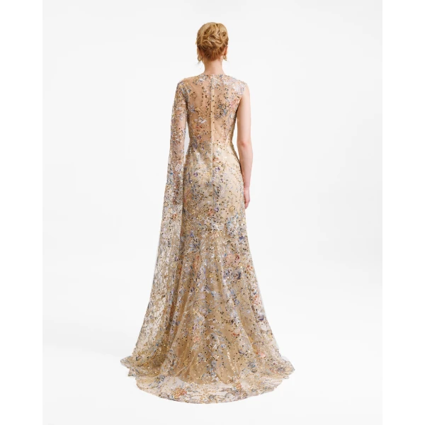 Gemy Maalouf Beaded Dress with Floor Length Sleeve, view 3