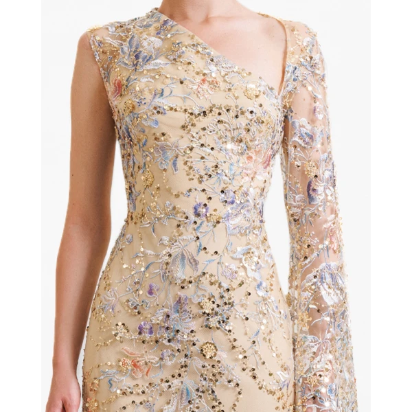 Gemy Maalouf Beaded Dress with Floor Length Sleeve, view 4
