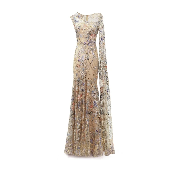 Gemy Maalouf Beaded Dress with Floor Length Sleeve, view 5