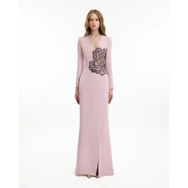 Gemy Maalouf Beaded Floral V-Neck Dress, view 2