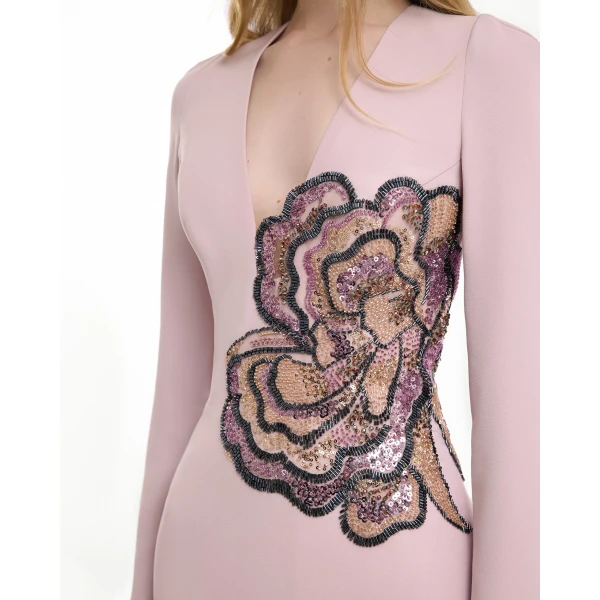 Gemy Maalouf Beaded Floral V-Neck Dress, view 4